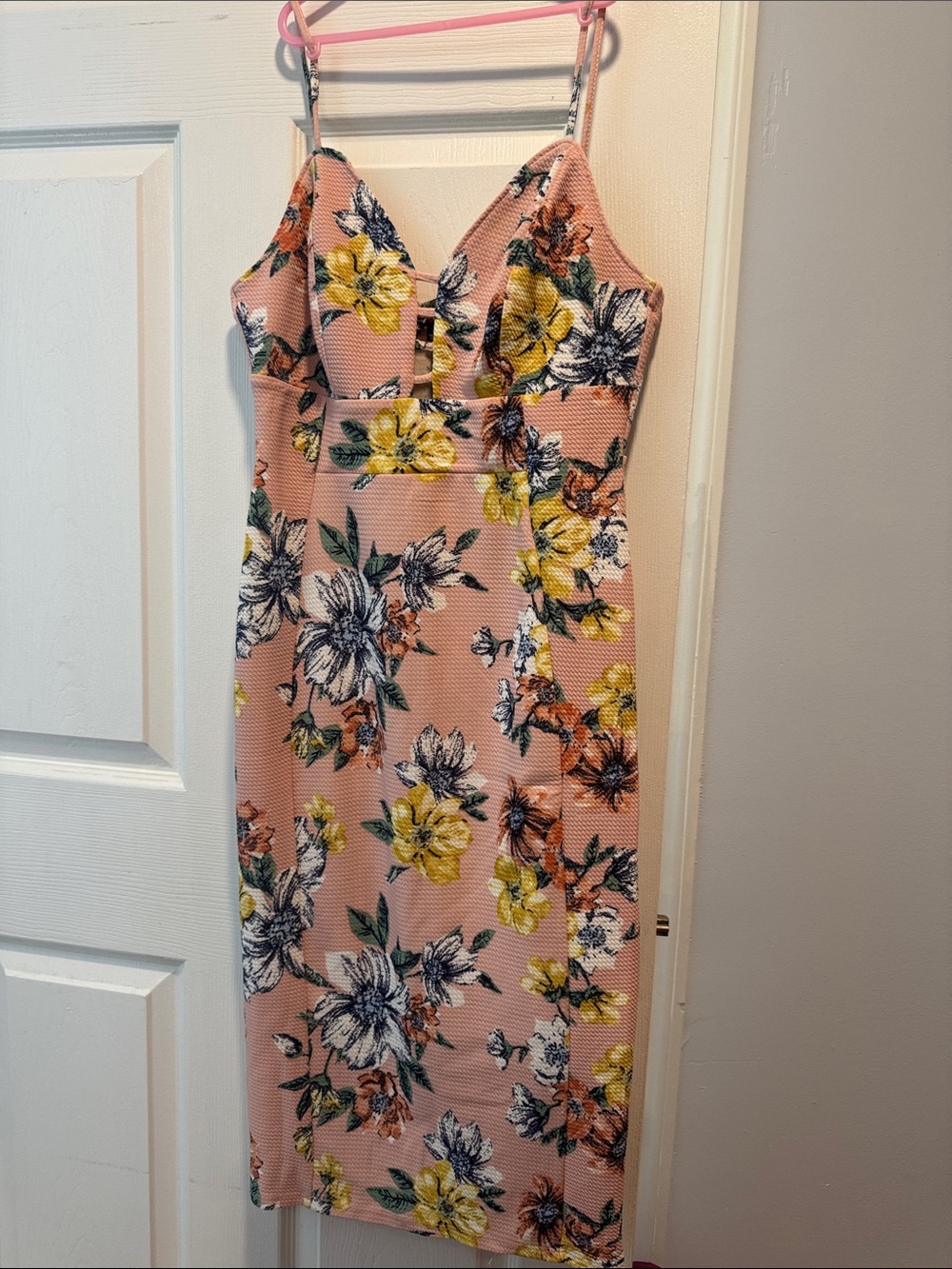 Pink Floral Midi Dress with V-Neck